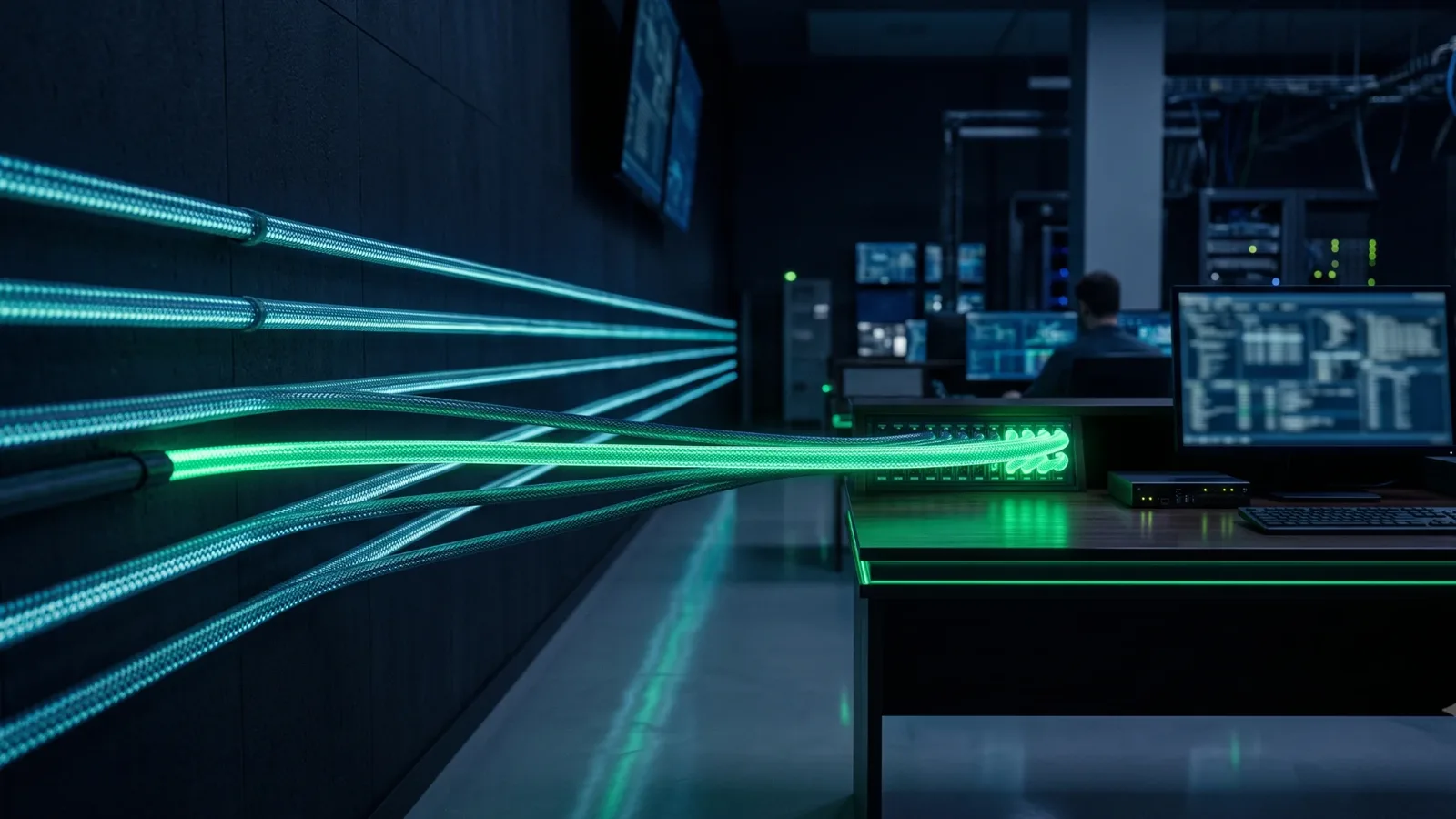 Dark network operations room where several blue fiber-optic conduits run along a wall and one bright green conduit plugs into a desk console