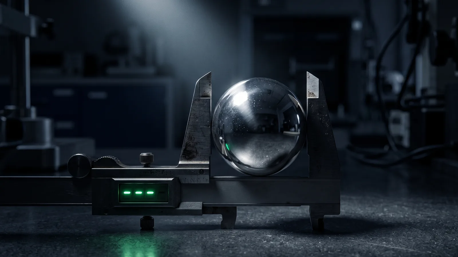 A mirror-polished metal sphere held between the jaws of a precision caliper on a dark laboratory bench, with a small green readout glowing on the instrument.
