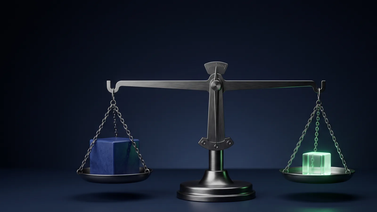 A balance scale resting in perfect equilibrium: a large dark blue cube on the left pan, a much smaller green glowing cube on the right.