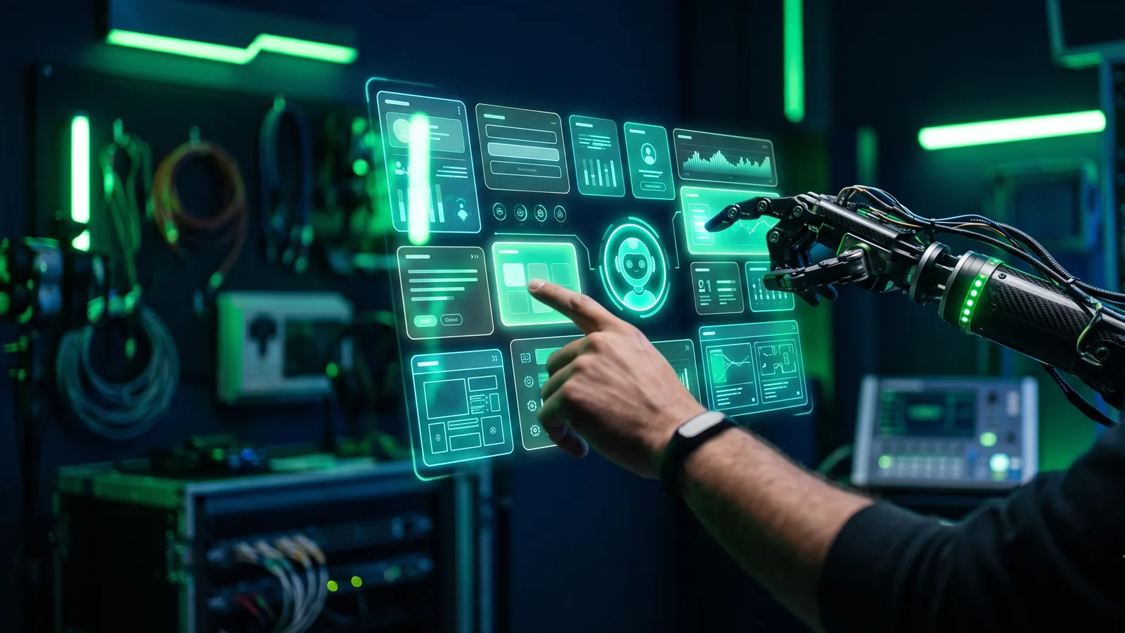 A human hand and a robotic arm together operating a floating holographic content dashboard of cards and charts, an AI agent managing a website