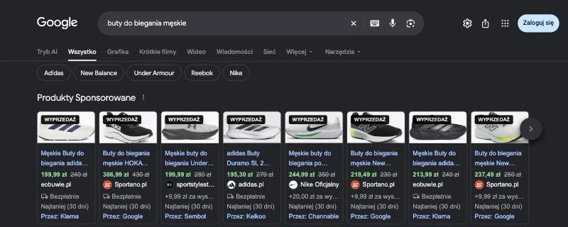 Google results for buty do biegania męskie with Polish settings: the tab bar has no Shopping tab, and a Produkty sponsorowane row of running shoes names the comparison service under each card: Klarna, Google, Sembot, Kelkoo and Channable