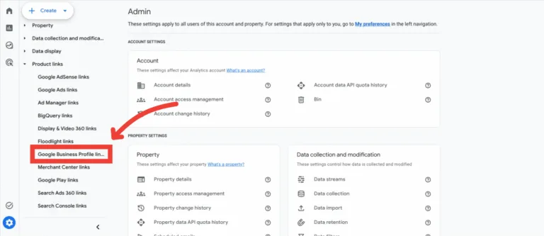 GA4 Admin screen with the Product links menu open and Google Business Profile links highlighted