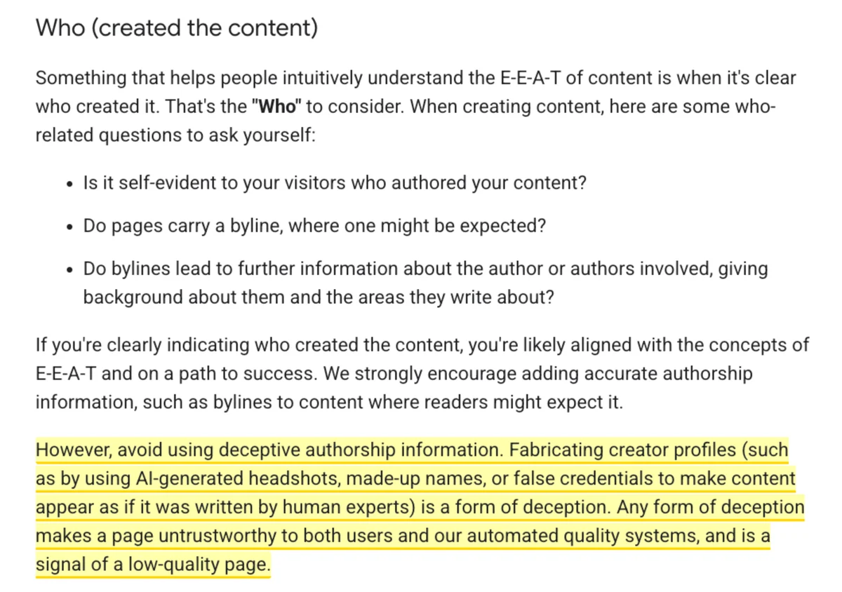 Раздел Who в руководстве Google о полезном контенте с новым абзацем об обманном авторстве, выделенным жёлтым