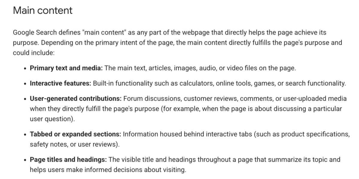 Новый раздел Main content в руководстве Google о полезном контенте: основной текст и медиа, интерактивные функции, материалы пользователей, вкладки и раскрывающиеся блоки, заголовки страниц и подзаголовки