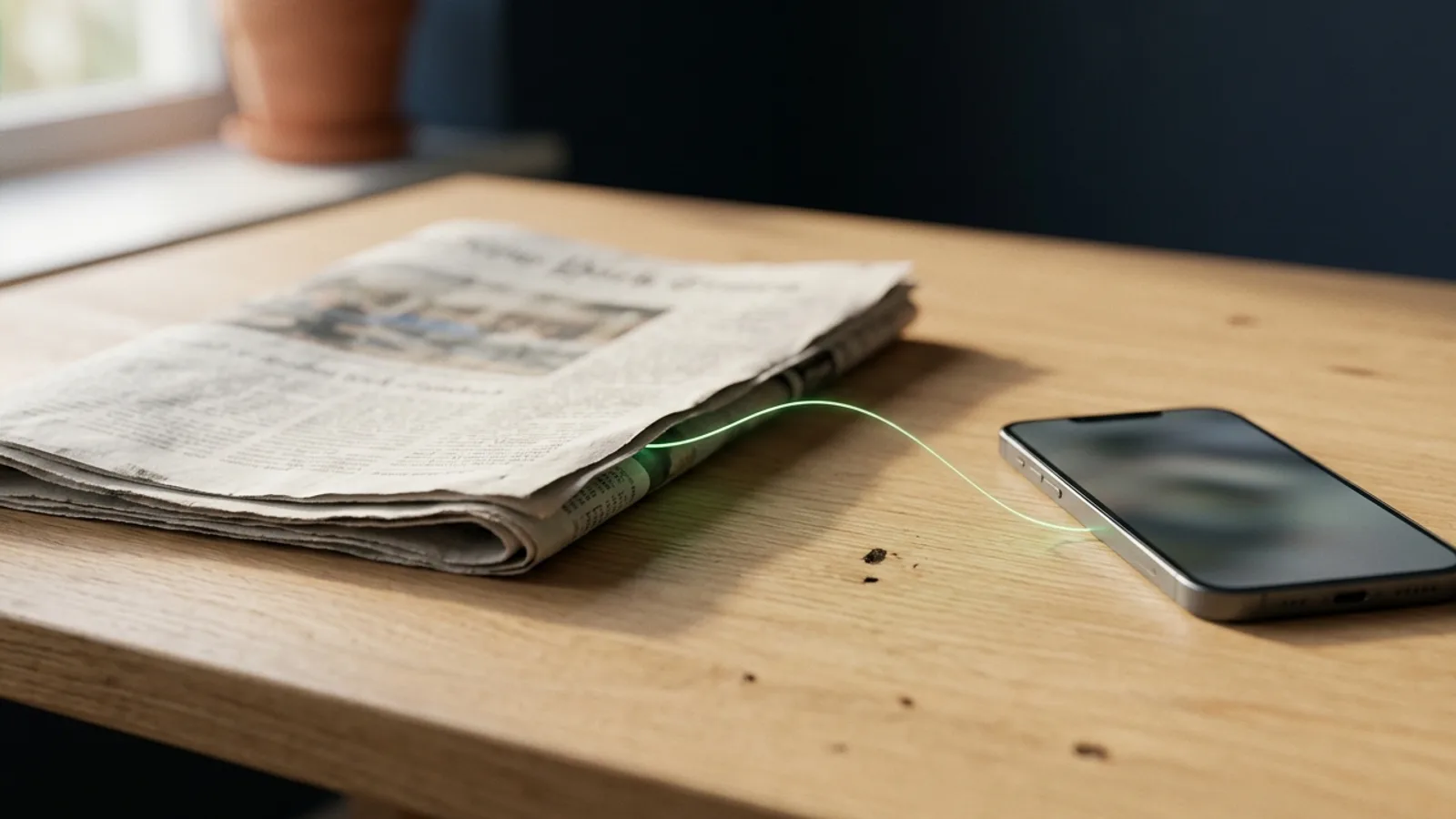A folded newspaper and a smartphone on a wooden desk, linked by a thread of soft green light